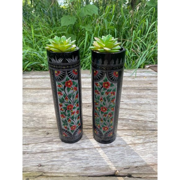 Vintage Pair Black Lacquer Wood Vases Red Etched Flowers 10" - Picture 1 of 16